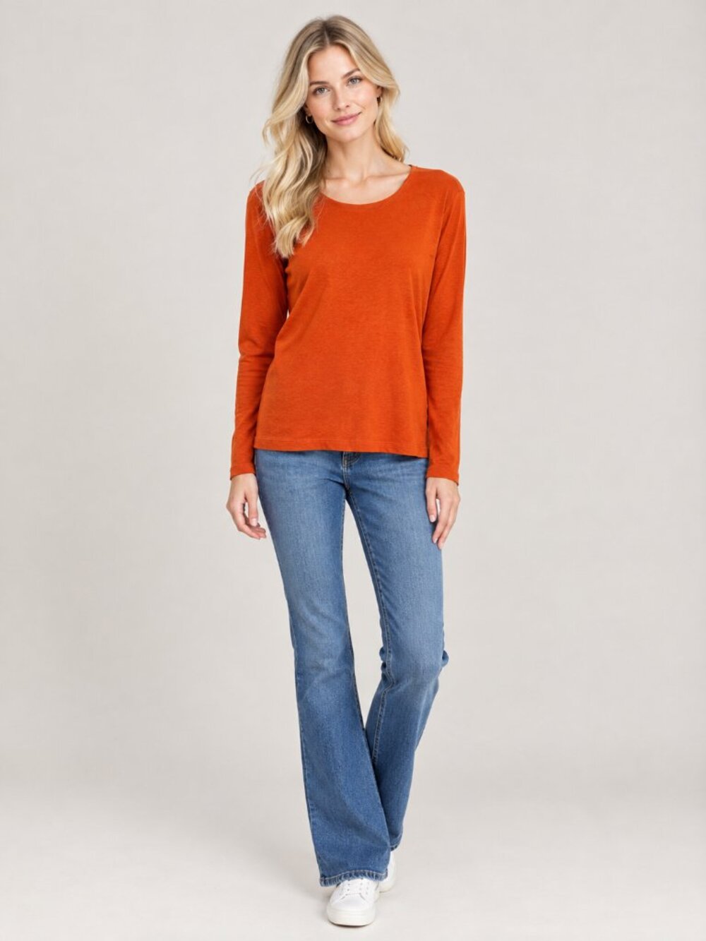 2/$30 Chico's Cotton Long Sleeve Crew Neck Tee Burnt Orange 12 #A5149